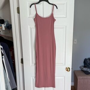 Pink Ribbed Midi Dress with Side Slit